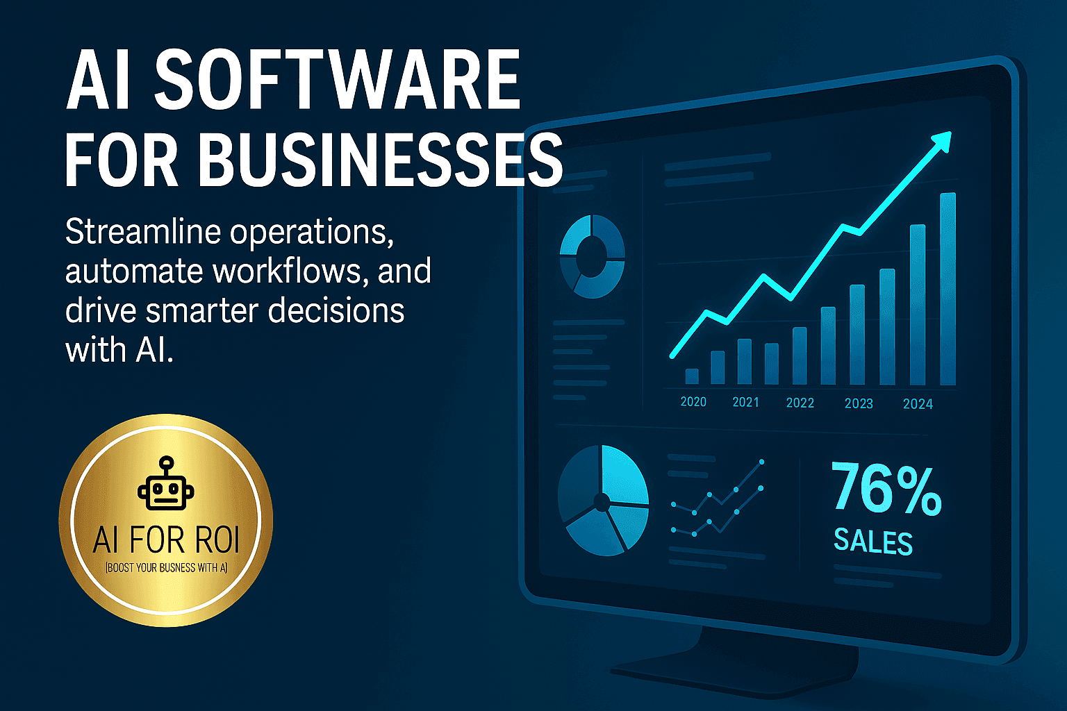 Illustration of a gold-themed AI dashboard interface with a robot icon, growth analytics, and digital charts, representing AI-powered business software solutions. Illustration of a gold-themed AI dashboard interface with a robot icon, growth analytics, and digital charts, representing AI-powered business software solutions.